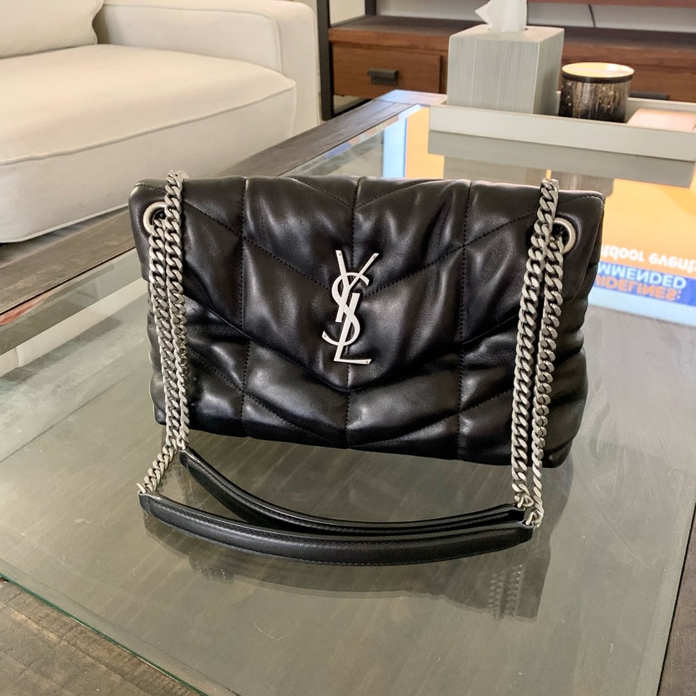YSL black puffer bag with silver logo